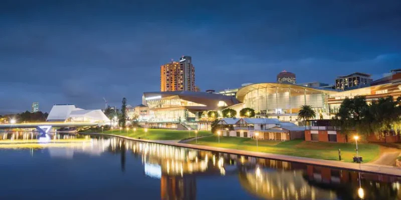 Adelaide City Riverbank Precinct illuminated at dusk