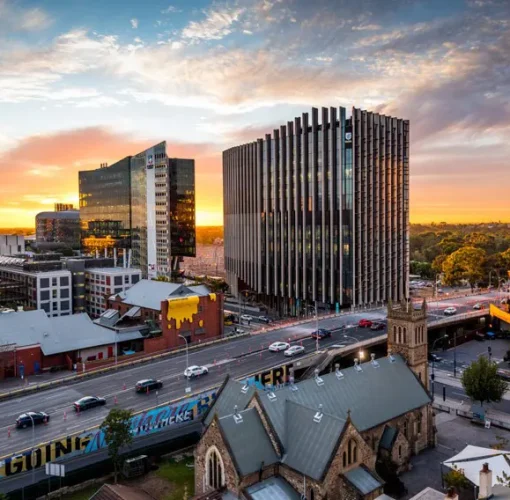 adelaide city morphett street bridge sunset south australia Traffic crossing the Morphett Street Bridge in Adelaide City at sunset